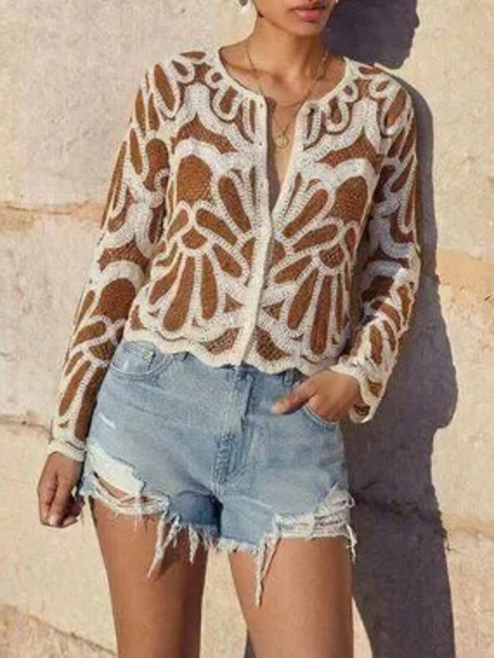 ZARA Brown Casual Women's Beach Vacation Allover Print Single-Breasted Cardigan
